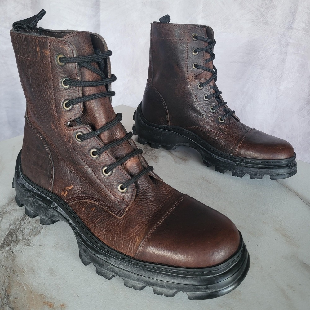 Bullboxer Combat Boots Mens Size 9 Brown Leather Ankle Lace Up Lug Sole Casual
